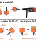 VIKITON orange door lock installation kit with 1 in and 2-1/8 in hole saws and jig for drilling wood or metal doors.