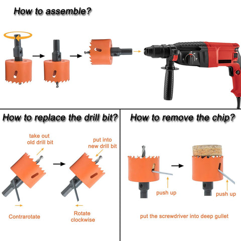 VIKITON orange door lock installation kit with 1 in and 2-1/8 in hole saws and jig for drilling wood or metal doors.