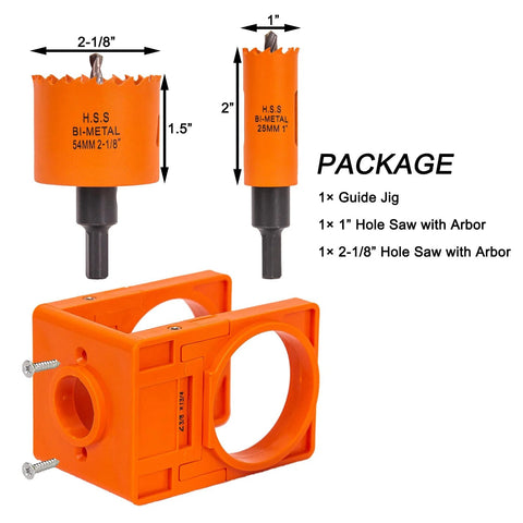 Door Lock Installation Kit With Adjustable Jig And Two Hole Saws For Wood And Metal Doors, including jig and saw sizes