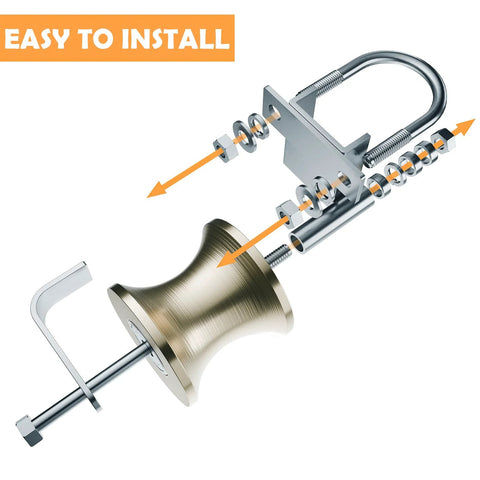 Exploded view of a door lockset with installation instructions, showing brass knob, metal latch, and screws against a white background.