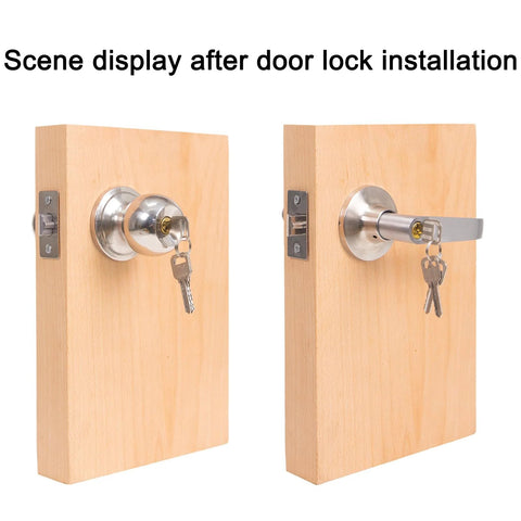 VIKITON door lock installation kit on wood door, front view with silver keyed doorknob lock.
VIKITON door lock installation kit on wood door, installed silver lever lock with key in cylinder.