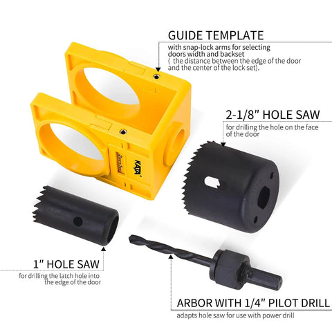 1-3/8" - 1-3/4" Door Lock Installation Kit for Wooden Doors with Guide Template, 1 in and 2-1/8 in Hole Saws, Carbon Steel