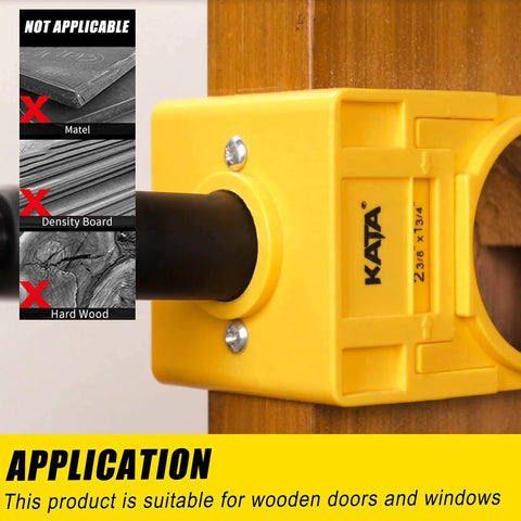 1-3/8" - 1-3/4" Door Lock Installation Kit with yellow guide template and hole saw, suitable for wooden doors.