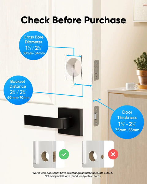Diagram showing installation measurements for Keyless Entry Smart Lock With Built In WiFi Keypad Deadbolt For Front Door No Bridge Required Easy Installation With App Remote Control Auto Lock And Voice Control Battery Level Indicator And Secure Access Management BHMA Grade 3.