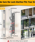 Sliding Glass Door Lock With Five Unlock Methods Including Fingerprint Passcode RFID Card Bluetooth App And Backup Key for patio doors with handle and suitable for various door thicknesses, shown with installation examples on sliding glass, patio, and aluminum doors.