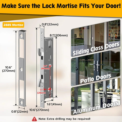 Sliding Glass Door Lock With Five Unlock Methods Including Fingerprint Passcode RFID Card Bluetooth App And Backup Key for patio doors with handle and suitable for various door thicknesses, shown with installation examples on sliding glass, patio, and aluminum doors.