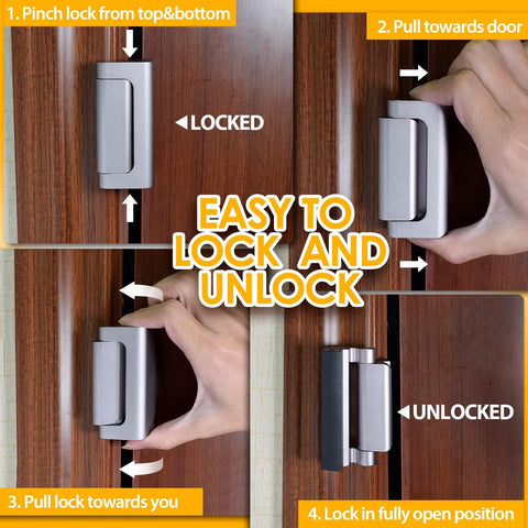 Two Pack Home Security Door Lock Reinforcement For Inward Swinging Doors With 3 Inch Stop And 800 Lb Withstand Durable And Easy Install Upgrade Flip Night Lock For Enhanced Family Safety And Peace Of Mind showing four-step locking process