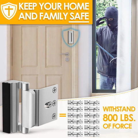 Two Pack Home Security Door Lock Reinforcement For Inward Swinging Doors With 3 Inch Stop And 800 Lb Withstand Durable And Easy Install Upgrade Flip Night Lock For Enhanced Family Safety And Peace Of Mind. Image shows a door lock reinforcement and a person outside.
