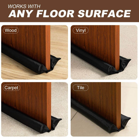 Door Noise Blocker 36 Inch Black Draft Stopper Silencer, installed under doors on wood, vinyl, carpet, and tile floors.
