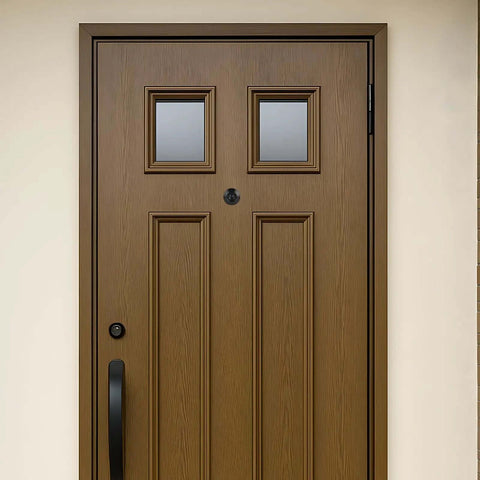 Front door with installed peephole from Four Pack Door Peepholes with 1 Inch Drill Bit, 220 Degree Wide View Front Door Cam, in zinc alloy.