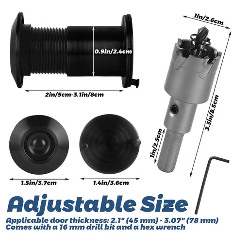 Four Pack Door Peepholes With 1 Inch Drill Bit, 220 Degree Wide View Front Door Cam set showing components and dimensions