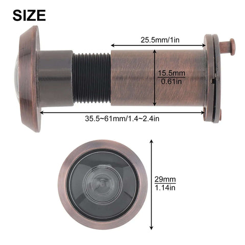 Heavy Duty 200 Degree Door Peephole Viewer with Rotating Privacy Cover, antique copper finish, size dimensions shown