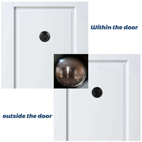 Four Pack Door Peepholes With 1 Inch Drill Bit, 220 Degree Wide View Front Door Cam, installed on white door showing inside and outside view