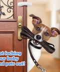 10 Pack Door Pinch Guards For Kids Thick Door Slam Stopper Finger Trap Protector installed on a door with a dog peeking out.