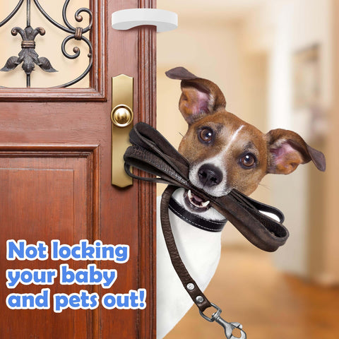 10 Pack Door Pinch Guards For Kids Thick Door Slam Stopper Finger Trap Protector installed on a door with a dog peeking out.