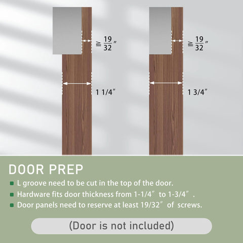 Diagram showing door preparation for Concealed Barn Door Hardware Kit With Soft Close Mechanism And Invisible Wall Mount Aluminum Track For Smooth Operation And Modern Look Suitable For Door Opening Width 24 To 28 Inches Door Not Included Easy Mounting And Durable Construction. (screw reserve 19/32 inches)