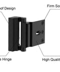 Side view of black door hinge showing the Two Pack Door Reinforcement Locks add security by reinforcing entry doors against forced openings.