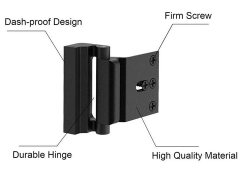 Side view of black door hinge showing the Two Pack Door Reinforcement Locks add security by reinforcing entry doors against forced openings.