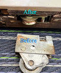 Before and after installation of Two Pack Sliding Patio Door Roller Assembly For Wood Glass Doors Part Number 0C8P0001.