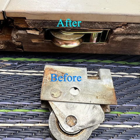 Before and after installation of Two Pack Sliding Patio Door Roller Assembly For Wood Glass Doors Part Number 0C8P0001.