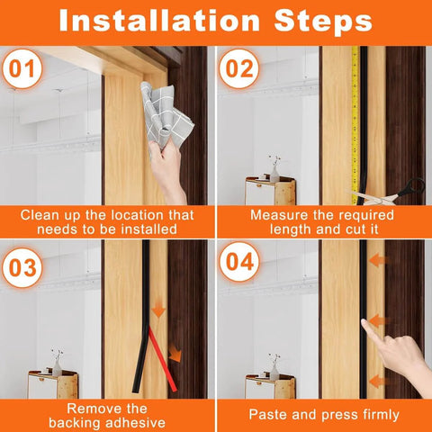 Installation steps for Black Rubber Weather Stripping Door Seal Strip, D Shape Door Weather Seal Strip, with self-adhesive backing.