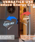 Black Rubber Weather Stripping Door Seal Strip with arrows showing cold air blocked and heat retained in doorway.