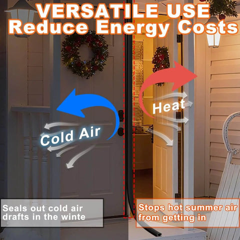 Black Rubber Weather Stripping Door Seal Strip with arrows showing cold air blocked and heat retained in doorway.