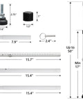 Dimensions of Sliding Door Security Bar, 17-50 inch Adjustable, with rubber tips, demonstrated in multiple parts and measuring tools.