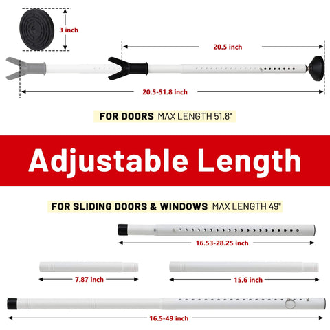 Adjustable length details of Door Stoppers Security Bar 2 Pack - Heavy Duty Door Jammer - Sliding Door Lock Bar for doors and windows.