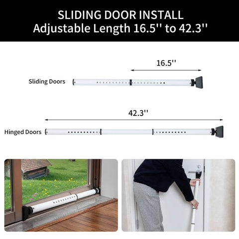 Door Security Bar Adjustable Door Stoppers Sliding Glass Door Security Bar 2 in 1 Heavy Duty Door Jammer for Home, Apartment, Travel, School, Dorm (1 Pack,White) showing adjustable length for sliding and hinged doors.