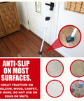 Door Security Bar With Alarm For Enhanced Home Safety 120 dB Loud Alarm 2 In 1 Door Stopper And Sliding Door Jammer Prevent Break Ins With Vibration Sensor And Easy To Install Heavy Duty Construction For Peace Of Mind installed on wooden floor, showing anti-slip base.