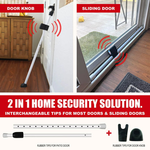 Door Security Bar With Alarm For Enhanced Home Safety 120 dB Loud Alarm 2 In 1 Door Stopper And Sliding Door Jammer Prevent Break Ins With Vibration Sensor And Easy To Install Heavy Duty Construction For Peace Of Mind placed on door and sliding door