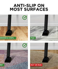 Two In One Sliding Door Security Bar And Door Jammer showing anti-slip base on hardwood, tile, and carpet surfaces.
