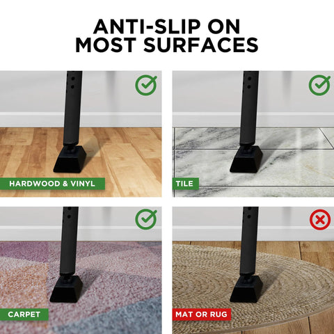 Two In One Sliding Door Security Bar And Door Jammer showing anti-slip base on hardwood, tile, and carpet surfaces.