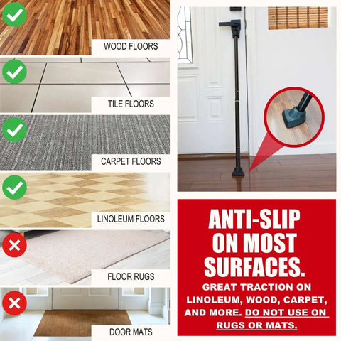 2 In 1 Door Security Bar And Sliding Patio Bar With Interchangeable Caps on various floor types, illustrating anti-slip feature.