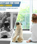 Adjustable Sliding Door Security Bar 17 To 50 Inches With Anti Slip Rubber Tips 2 Pack installed in a window with kids and dog
