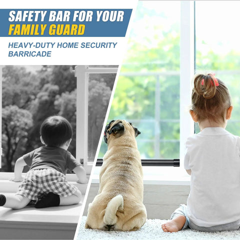 Adjustable Sliding Door Security Bar 17 To 50 Inches With Anti Slip Rubber Tips 2 Pack installed in a window with kids and dog