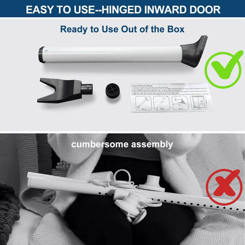 Easy-to-use hinged inward door security bar with components shown next to assembly instructions, highlighting Door Security Bar benefits.