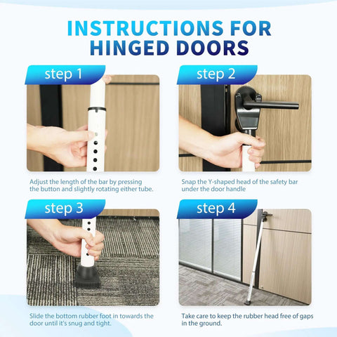 Instructions showing how to install the 2 In 1 Door Security Bar And Sliding Door Lock Bar Heavy Duty Adjustable Jammer on a hinged door.