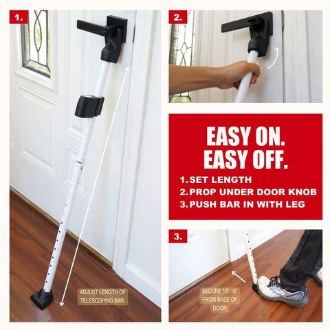Door Security Bar With Alarm for Enhanced Home Safety showing adjustable installation under door knob