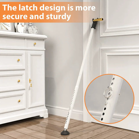 Door Security Bar And Sliding Patio Door Lock Jammer For Patio Doors Windows And Apartments Removable White Security Bar 2 Pack For Home Hotel Room And Travel Adds Extra Protection And Time To Respond, shown installed against a door.