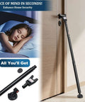 Three In One Door Security Bar For Doors Windows And Sliding Patios Beefy Heavy Duty Metal Rod With Two Point Eight Inch Non Slip Base 16 To 41.7 Inch Adjustable Barricade installed on door with components displayed.