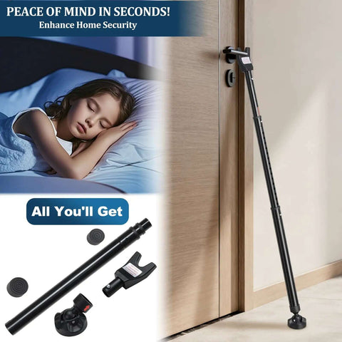 Three In One Door Security Bar For Doors Windows And Sliding Patios Beefy Heavy Duty Metal Rod With Two Point Eight Inch Non Slip Base 16 To 41.7 Inch Adjustable Barricade installed on door with components displayed.