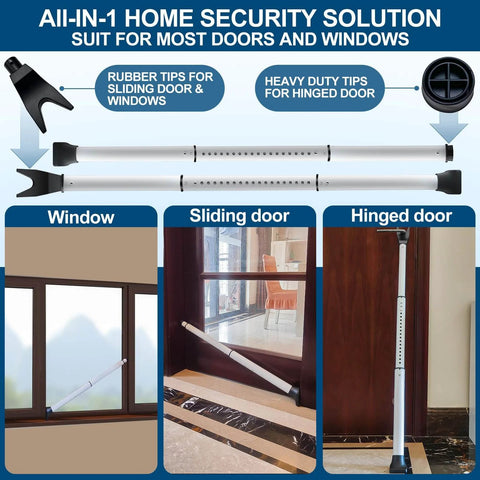 Door Security Bar, Door Stoppers Security bar,Heavy Duty Door Lock Security Door Jammer Door Stopper for Apartment, Hotel Room, 2 Pack shown in window, sliding, and hinged door setups.