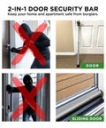 Sliding Door Security Bar 2-In-1 Adjustable Door Jammer With 40 Adjustable Positions, Easy No Tool Installation, shown in use on door and sliding door.