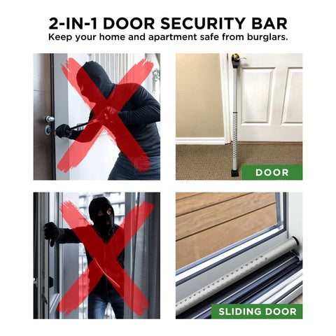 Sliding Door Security Bar 2-In-1 Adjustable Door Jammer With 40 Adjustable Positions, Easy No Tool Installation, shown in use on door and sliding door.