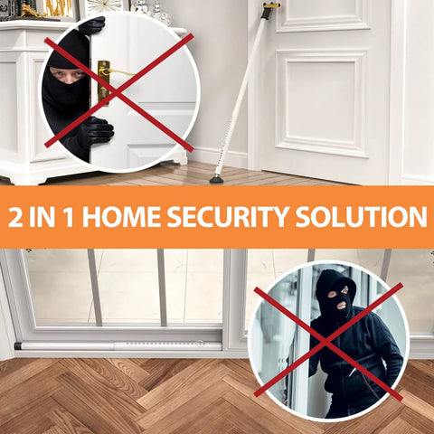 Door Security Bar And Sliding Patio Door Lock Jammer For Patio Doors Windows And Apartments Removable White Security Bar 2 Pack For Home Hotel Room And Travel Adds Extra Protection And Time To Respond installed on door and sliding door with anti-intruder symbols.