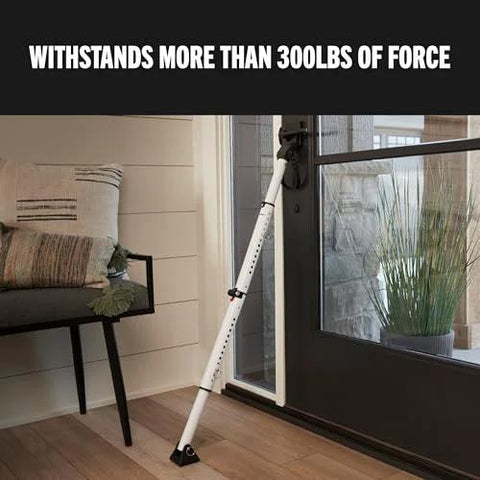 Sliding Door Stopper And Dual Function Security Bar For Hinged And Sliding Doors, Adjustable From Twenty Five And A Half Inches To Forty Three And A Half Inches, Indoor Use, Folding Design For Compact Storage And Travel, White installed on door