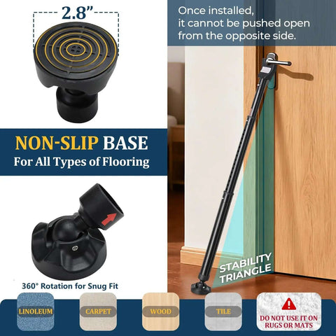Three In One Door Security Bar installed on door with 2.8 inch non-slip base and stability triangle for secure fit