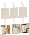 Door damper and slam silencer set reduces noise, prevents slams, protects walls. Three beige cotton silencers with straps.